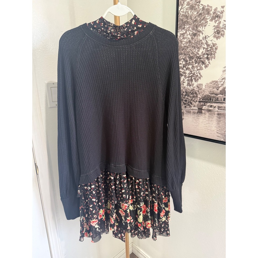 Free People Opposites Attract Mini Dress Black Floral Waffle Knit Mesh Small - Picture 2 of 4